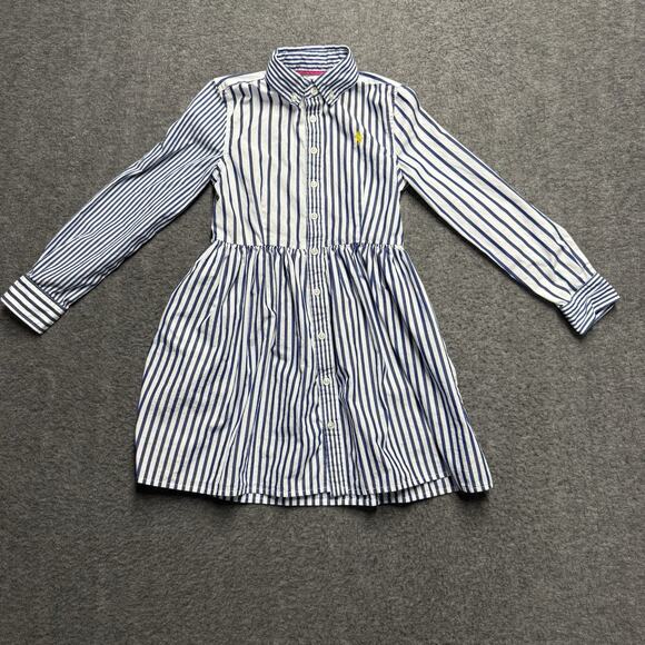 Polo Ralph Lauren Long Sleeve Shirtdress Girl 7 Blue White Striped Tennis Cotton